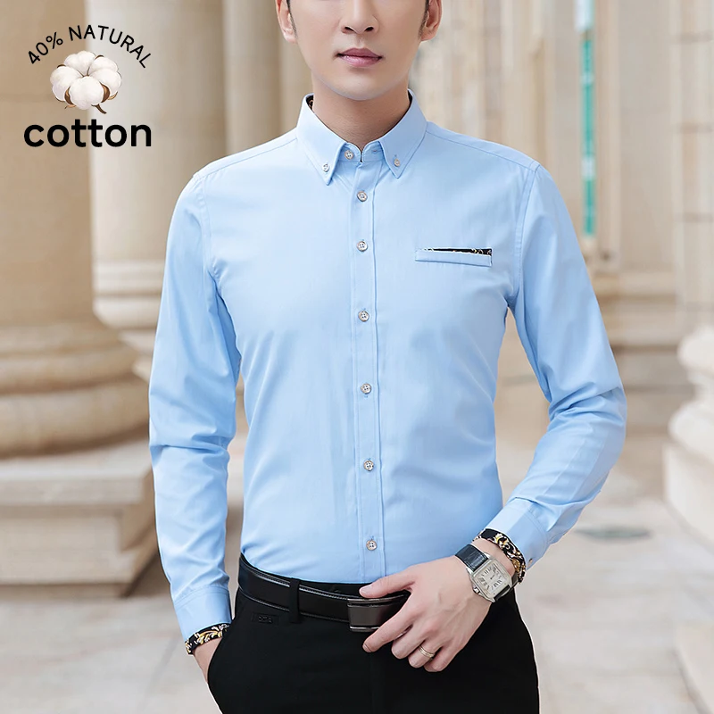 

Spring Summer Cotton Men's Long Sleeve Slim Fit White Business Dress Shirt Formal Office Button Down Solid Casual Blouse M-5XL