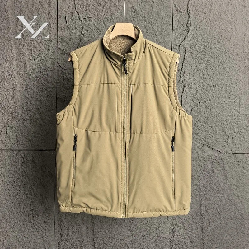 High Quality Men's Reversible Fleece Vest Stand Collar Zip Up Sleeveless Jacket Casual Warm Outerwear with Zipper Pockets
