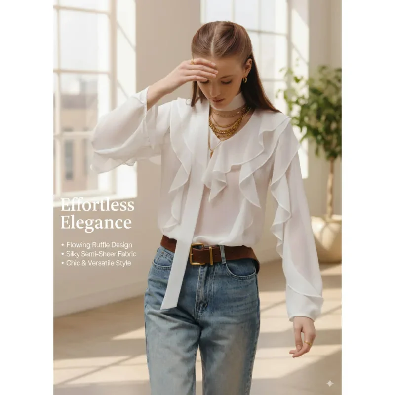 2025 Summer Chiffon Blouse For Women Loose Fit V Neck Long Sleeve Sheer Top With Ruffles Neck Tie Elegant Office Style Clothes