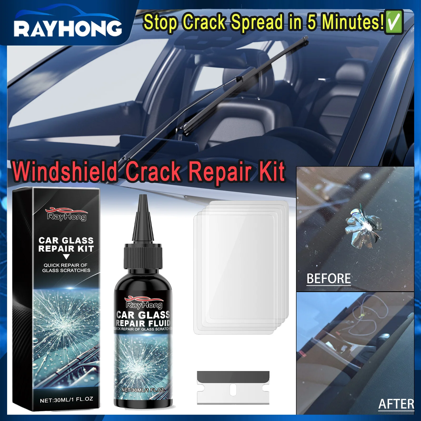 Windshield Repair Kit Car Glass Crack Fix Liquid UV Resin DIY Windshield Chip Repair Tool for Cracked Window Repair 30ml Carcare