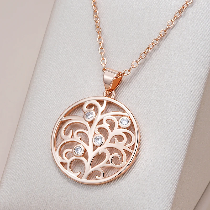 Kinel Hot 585 Rose Gold Color Crystal Flower Pendant Necklace For Women Shiny Natural Zircon Unusual Creative Daily Fine Jewelry