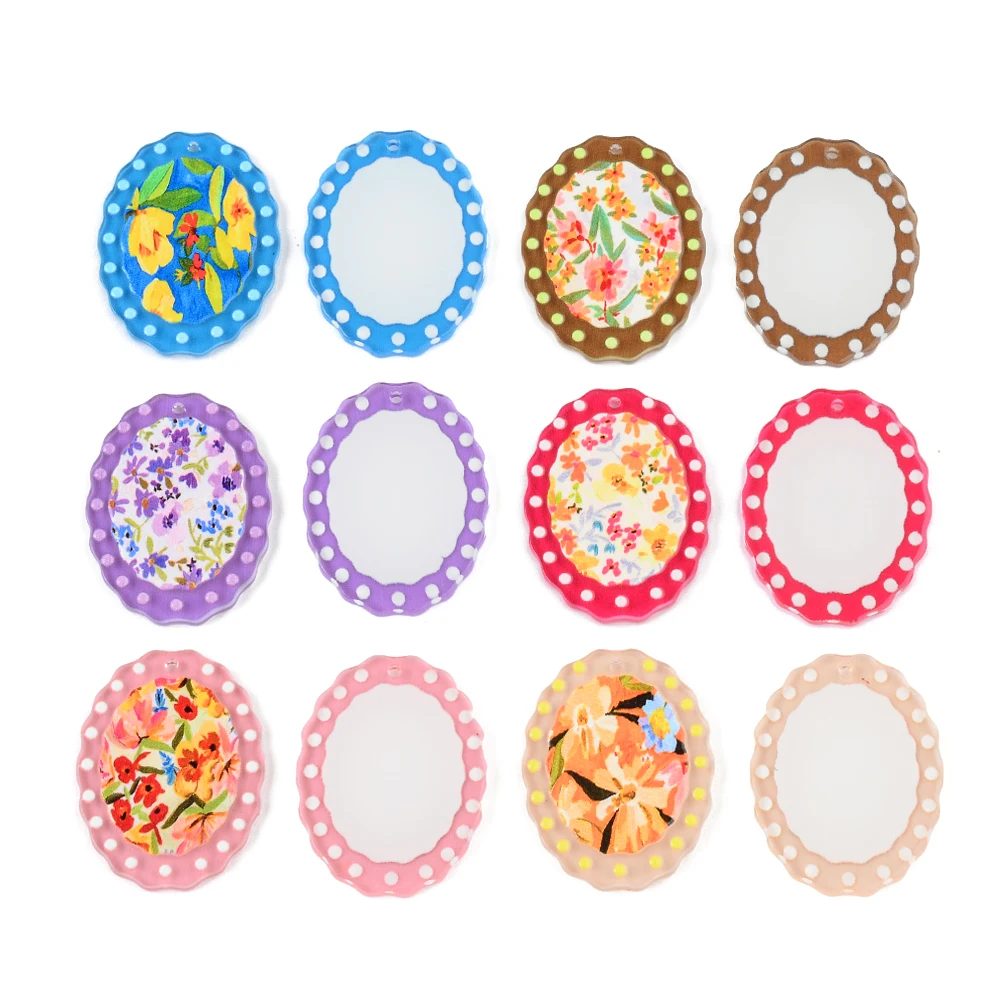 6pc Colorful Flower Painting Oval Acrylic Plate Pendant Jewelry Accessory Handmade Connector DIY Earrings Component for women