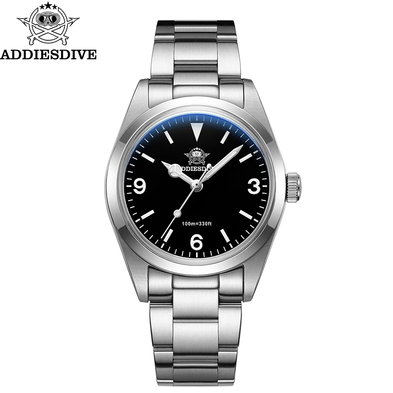 ADDIESDIVE 36mm AD2023 Quartz Watch Stainless Steel Black Dial Watches Sapphire Bubble Mirror 100m Dive Luminous Mens Wristwatch