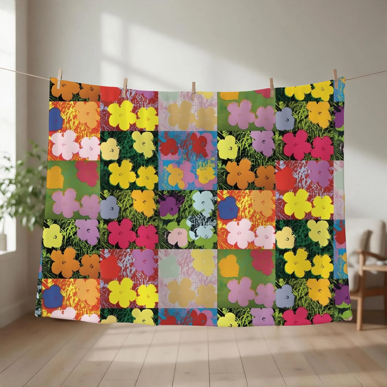 Flowerhol Warhol Prints Flowers 2 Pink, Yellow and Orange Throw Blanket couch cozy soft plush fuzzy picnic outdoor blanket