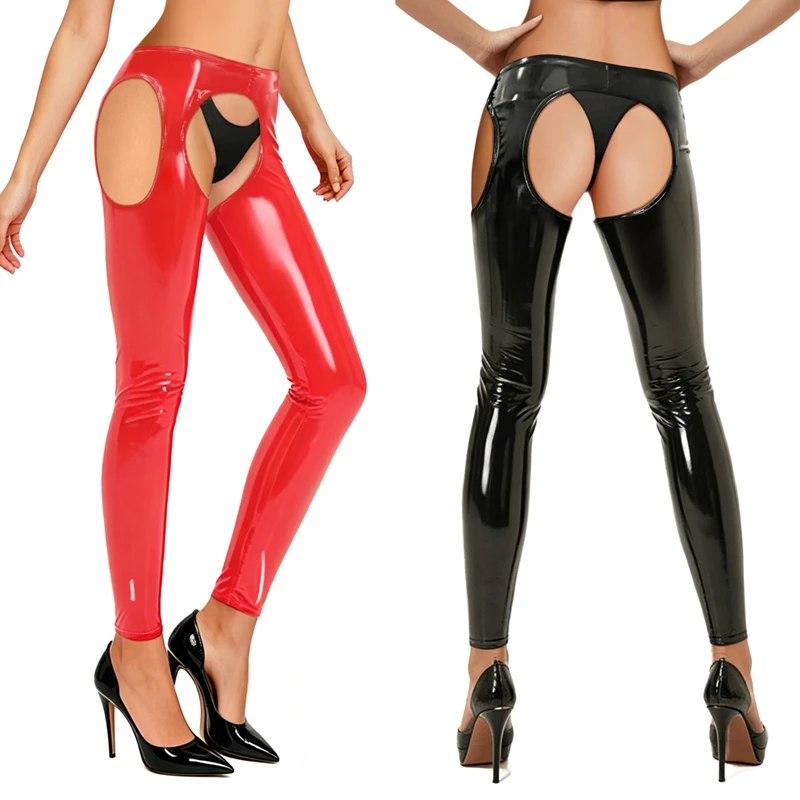 Sexy Hollow Out Leggings Slim Women PU Leather Push Up Pants Skinny Black Red Stretchy Mid Waisted Tights Trouser New