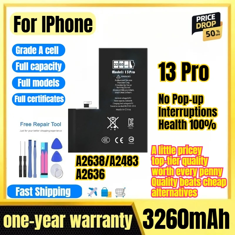 Аккумулятор A2638/A2483/A2636 для iPhone 13 Pro, без всплывающих уведомлений, 100% работоспособность, замена батареи класса А с инструментами.