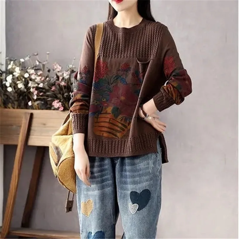 Pullover wanita, atasan Jumper rajut longgar Vintage saku lengan panjang mode musim gugur musim dingin sekrup cetak leher bulat