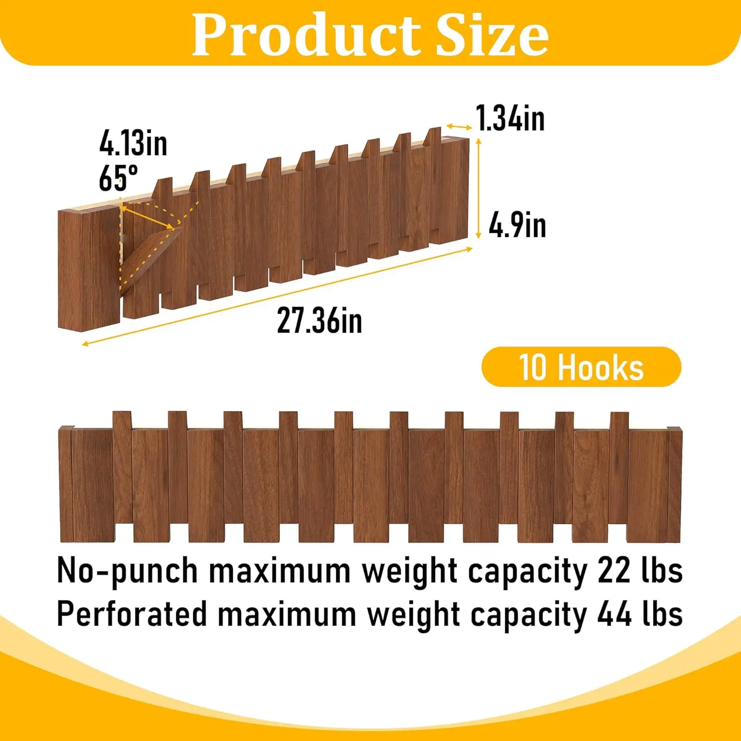 Wood Wall Mounted Coat Rack with 10 Flip Down Hooks, Heavy Duty Piano Style Wall Hook Rack, Decorative Coat Hooks Wall M