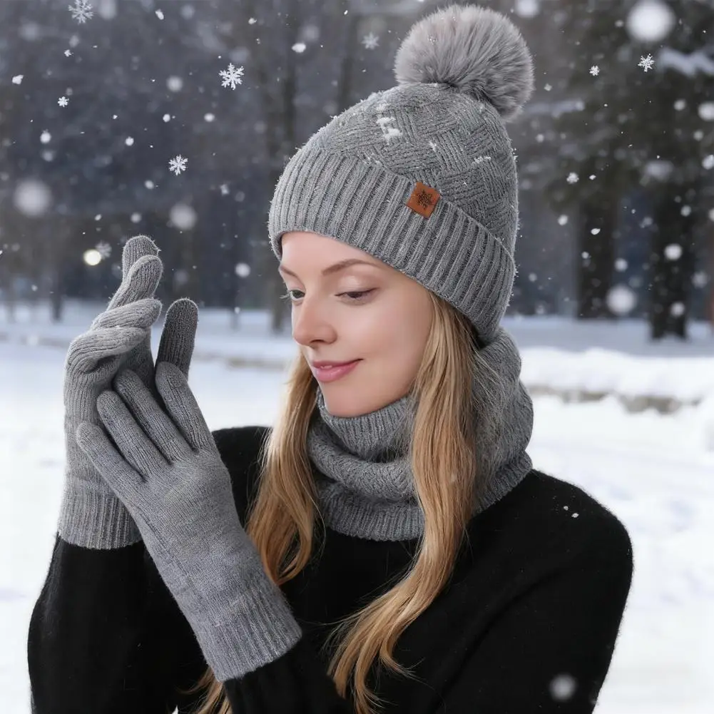 Thermal Knit Hat Scarf Gloves 3pcs Women Winter Hat Scarf Gloves Set with Plush Ball Double-layer Protection Scarf Touchscreen