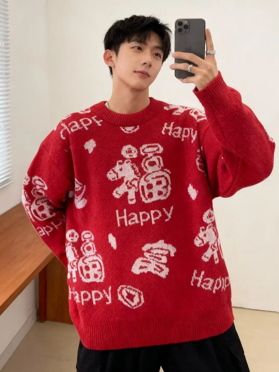 

Красный вязаный свитер для мужчин: повседневный, комфортный, с круглым вырезом, длинными рукавами, термо-топ для зимы