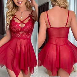 Vestido de noche de encaje transparente para mujer, lencería de talla grande con Tanga, ropa de dormir de boda Sexy, sección corta, cadera expuesta, caliente
