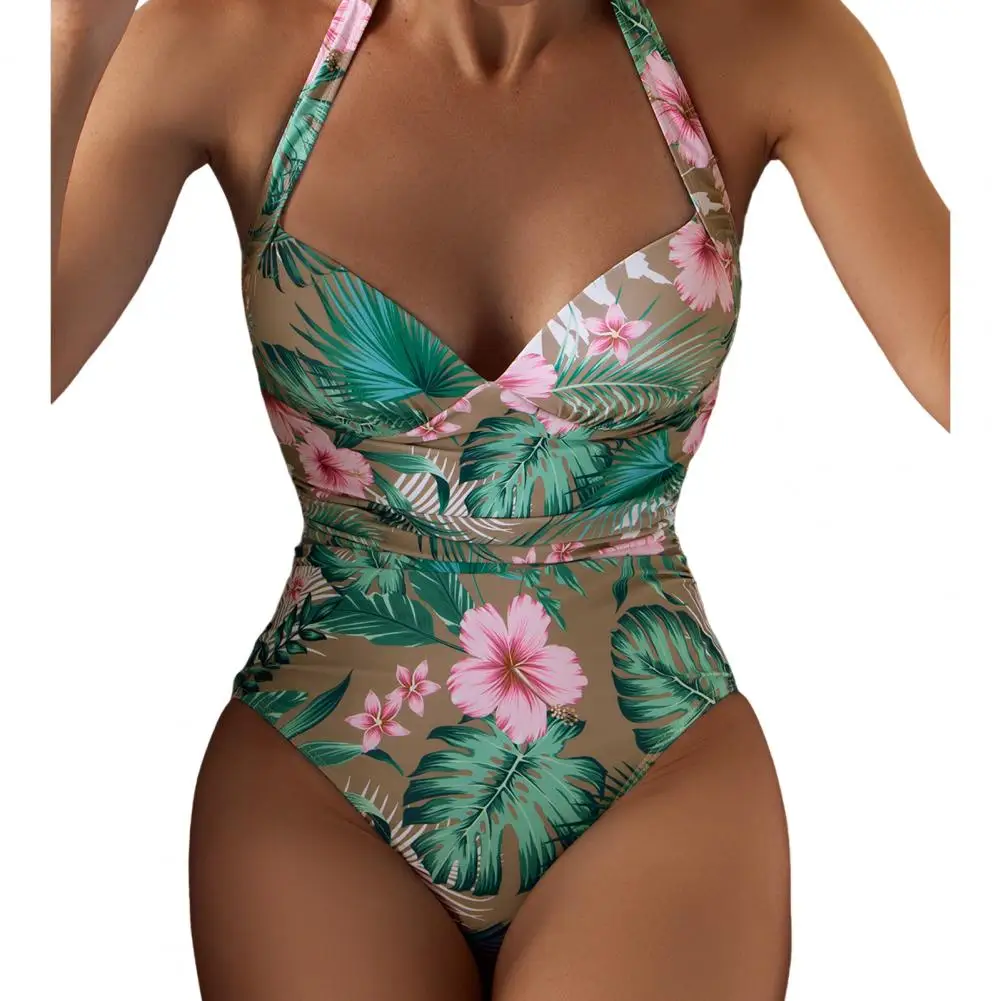 Bañador de una pieza con estampado Floral para mujer, Monokini Sexy con cuello Halter y espalda descubierta, traje de baño ajustado de secado rápido, ropa de playa