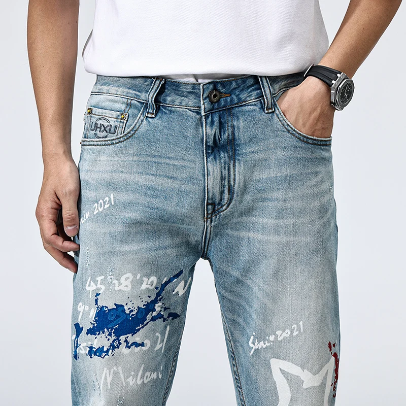 

Autumn fashion new jeans washed nostalgic perforated patch retro light blue men's jeans high street hip-hop brand pants y2k