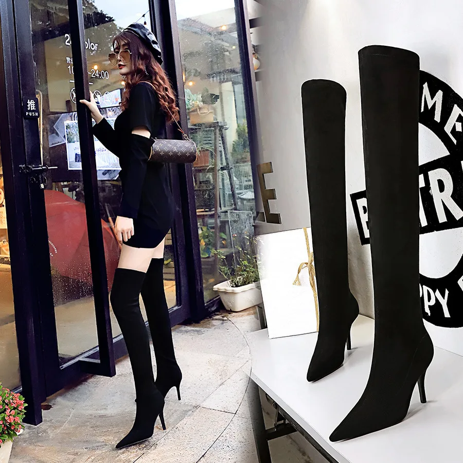 

Style Minimalist Winter Women With Wine Glasses High-heeled Pointed Suede Sexy And Slimming Knee High Boots Shoes Ladies Pumps