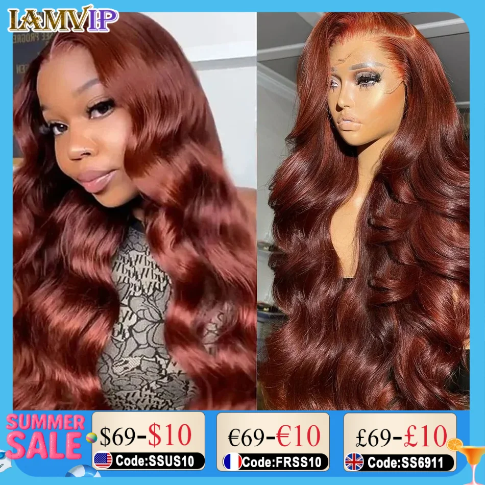 

250% 30 32 Inch 13x4 Hd Lace Front Wigs Human Hair Brazilian 33# Auburn Reddish Body Wave Brown Colored 13x6 Lace Frontal Wig