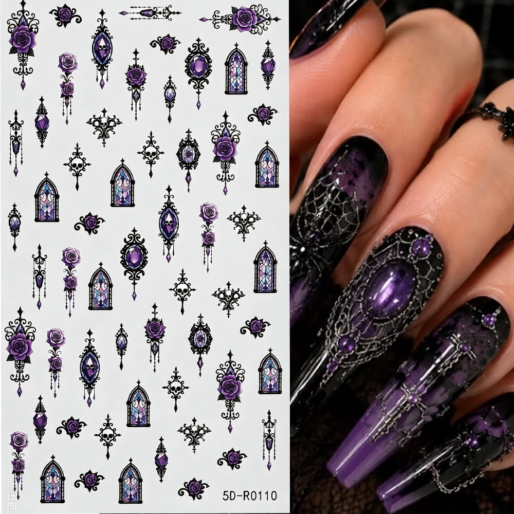 2Pcs 5D Embossed Baroque Nail Decals Vintage Church Window Lace Floral Frame Skull Adhesive Nail Sticker DIY Halloween Nail Slid
