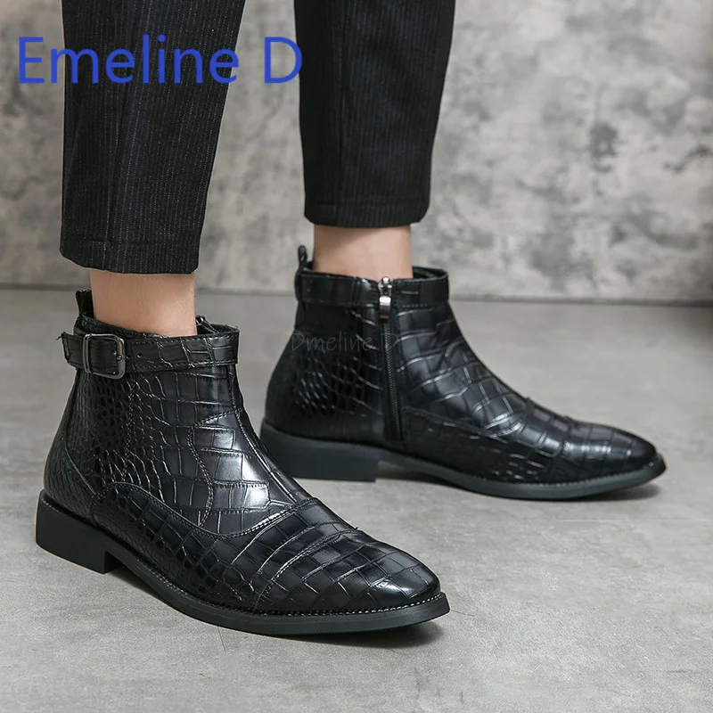 Sharp Pointed Crocodile Pattern Short Boots Fashionable British Style Low Heel Side Zipper Casual and Versatile High Top Boots