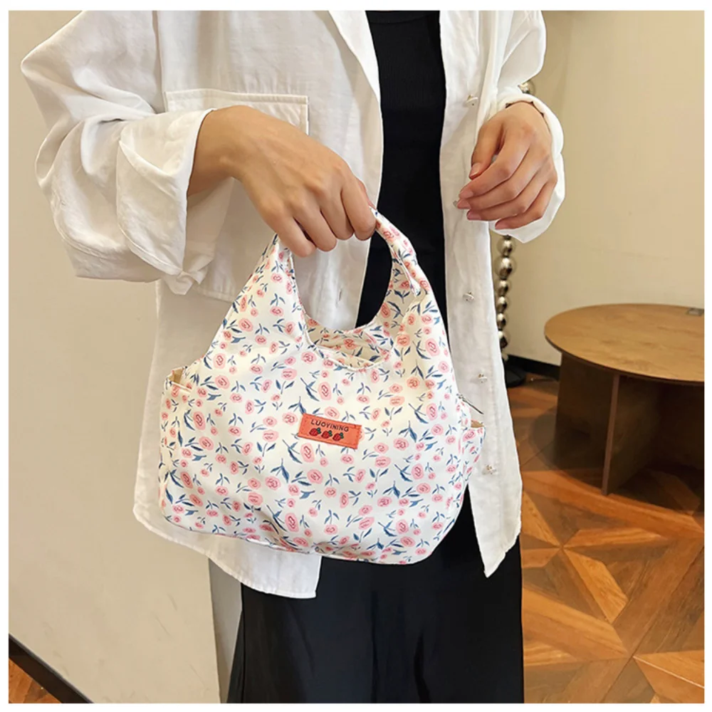 

Маленькая женская сумка со свежим цветочным принтом, ручная сумка-бенто, большая вместительная студенческая сумка для обеда, повседневная сумка-тоут для покупок