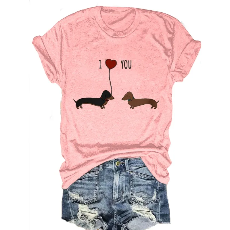 ilstile Women's Lovely Dogs Print T-Shirts Summer Short Sleeve Casual Round Neck Tops Blue Pink Tees Hot Sale