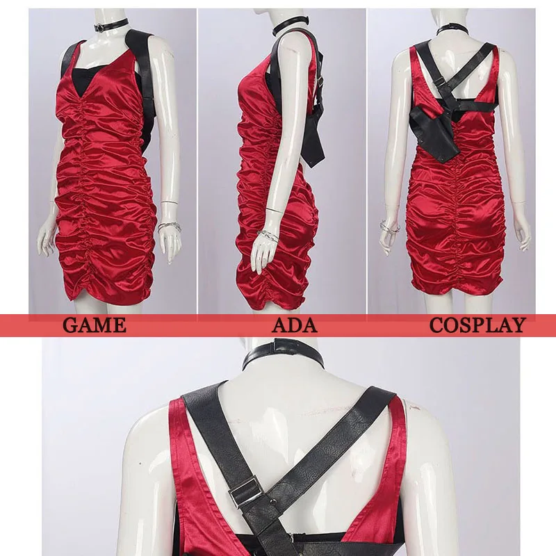 

Ada Wong Cosplay Game New Costume Women Sexy Red Pleated Hip Bodycon Mini Dress Halloween Carnival Disguise Suit Party Ball Gown