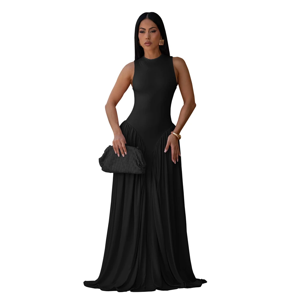 Modische Damenkleider Elegantes Ärmelloses Maxikleid mit Rundhalsausschnitt, Fließendem Stoff und Raffungen für Sommer 2026, Hochzeitsgäste und Urlaub – Detail 4