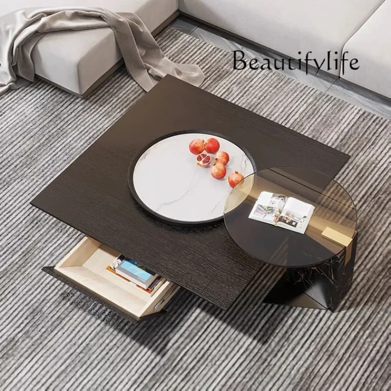 YJ32 طاولة قهوة فاخرة وبسيطة وخزانة تلفزيون لغرفة المعيشة وطاولة شاي من الخشب الصلب والزجاج المقسى بجانب متنقل مربع #4