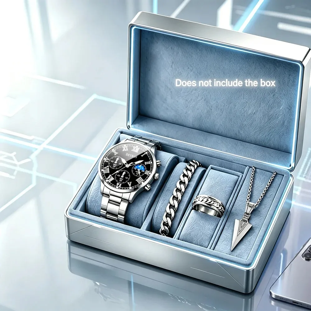4 Pack Men Silvery Minimalist Watch Jewelry Set, Stainless Steel Quartz Wristwatch+fashion Jewelry Set（Box Is Not Included）