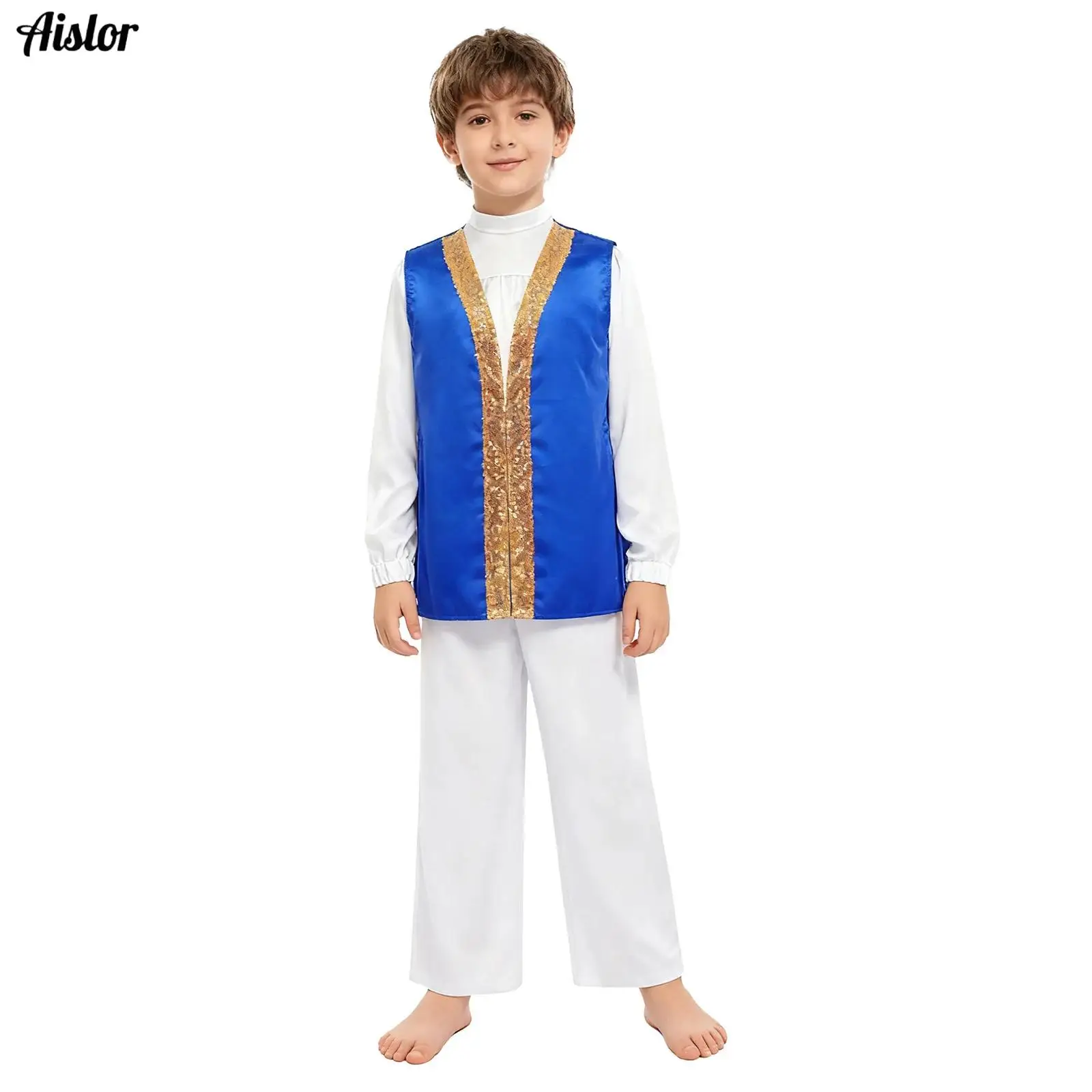 

3Pcs Kids Boys Girls liturgical Praise Dance Outfit Long Sleeve Satin Top+Pants+Sleeveless Sides Split Contrast Color Robe Set