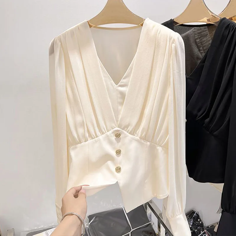 Women Clothing Fashion Casual V-Neck Chiffon Top Spring Summer Elegant Long Sleeve Blouse Office Lady Slim Chic Solid Shirt