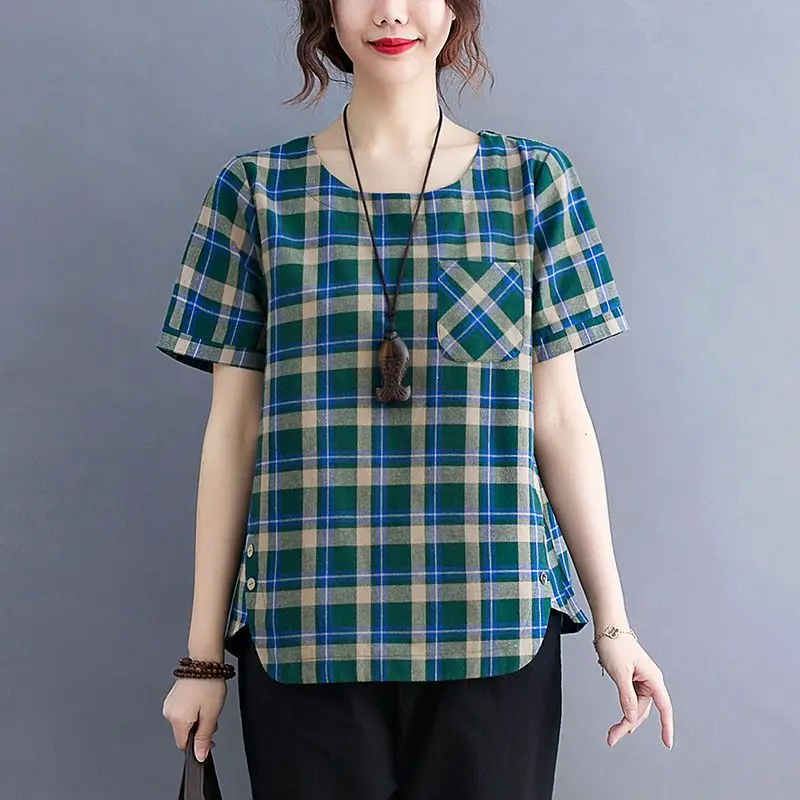 

Summer Round Neck Short Sleeve Striped Solid Button Pockets Pullover Plaid T-shirt Casual Elegant Women's Clothing Korean Tops