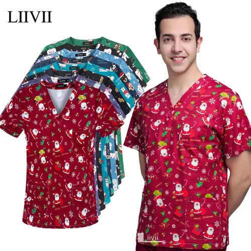 Uniforme de enfermera médica Unisex, Tops con estampado navideño, camiseta de Papá Noel para hombres y mujeres, blusa de Spa para clínica de Spa y Hospital