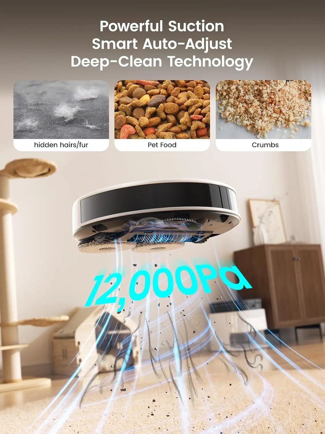 ^For Robot Vacuum and Mop, 12000Pa Suction, 90-Day Self-Emptying, Auto Mop Washing&Drying, Obstacle Avoidance, All-in-One for Pe