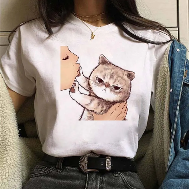 

Summer Women Tshirt Cartoon Cat Graphic Printed Short Sleeve Tops Tees Fashion Casual T-Shirts Cute Women Clothes Female Shirts