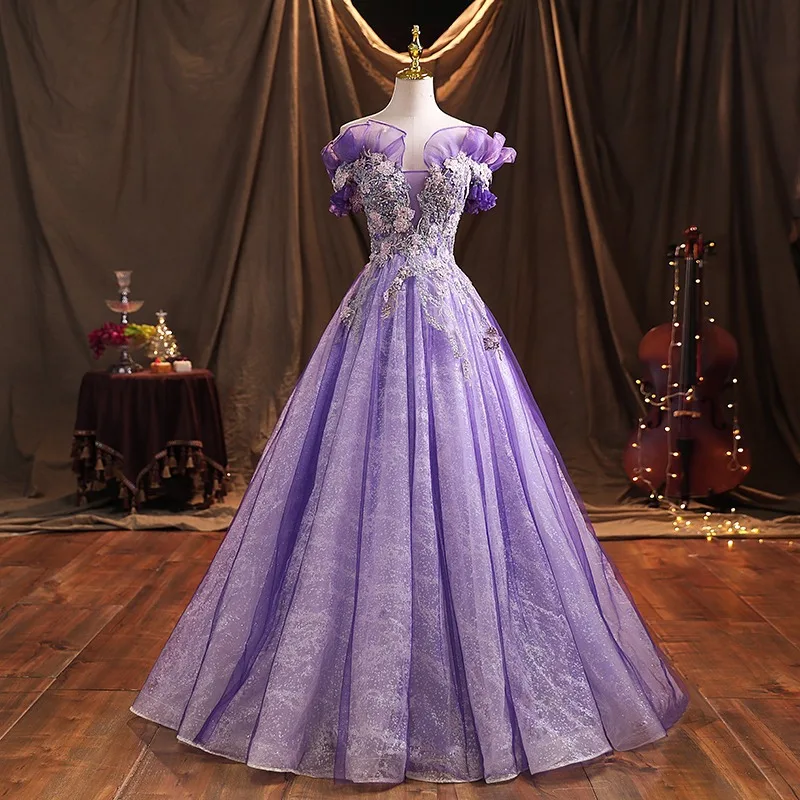 New line shoulder Princess Pommel dress hosts purple dinner dress for ladies Autumn