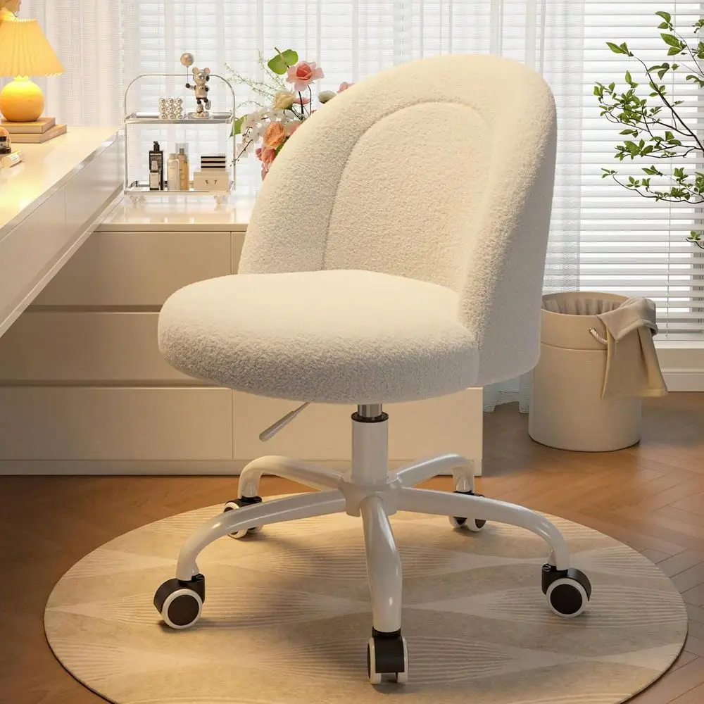 

Vanity Chair With Wheels, Cute Desk Chair With Back, Armless Office Chair Height Adjustable, Soft Lumbar Support For Small Spac