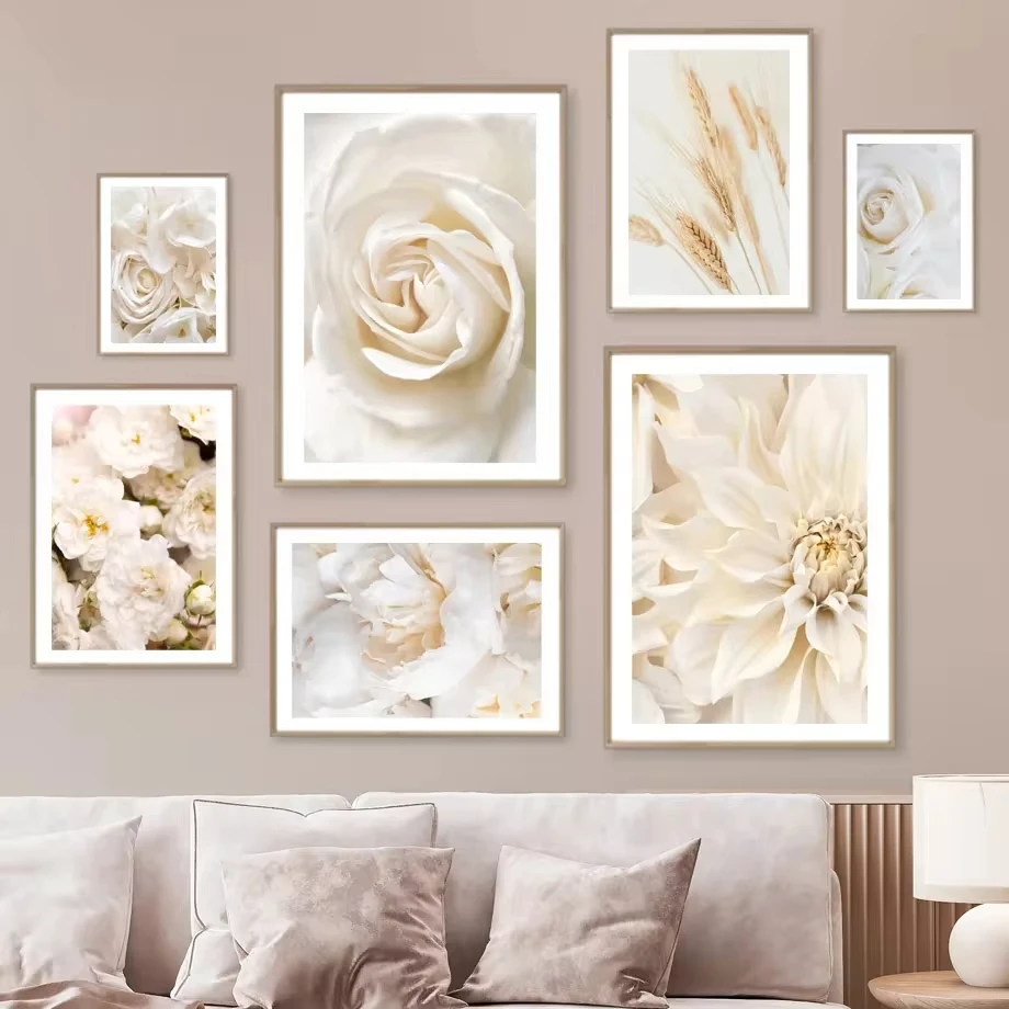 Blooming Roses Peonies Beige White Walls Artistic Canvas Paintings Nordic Posters and Prints Living Room Home Decoration Murals