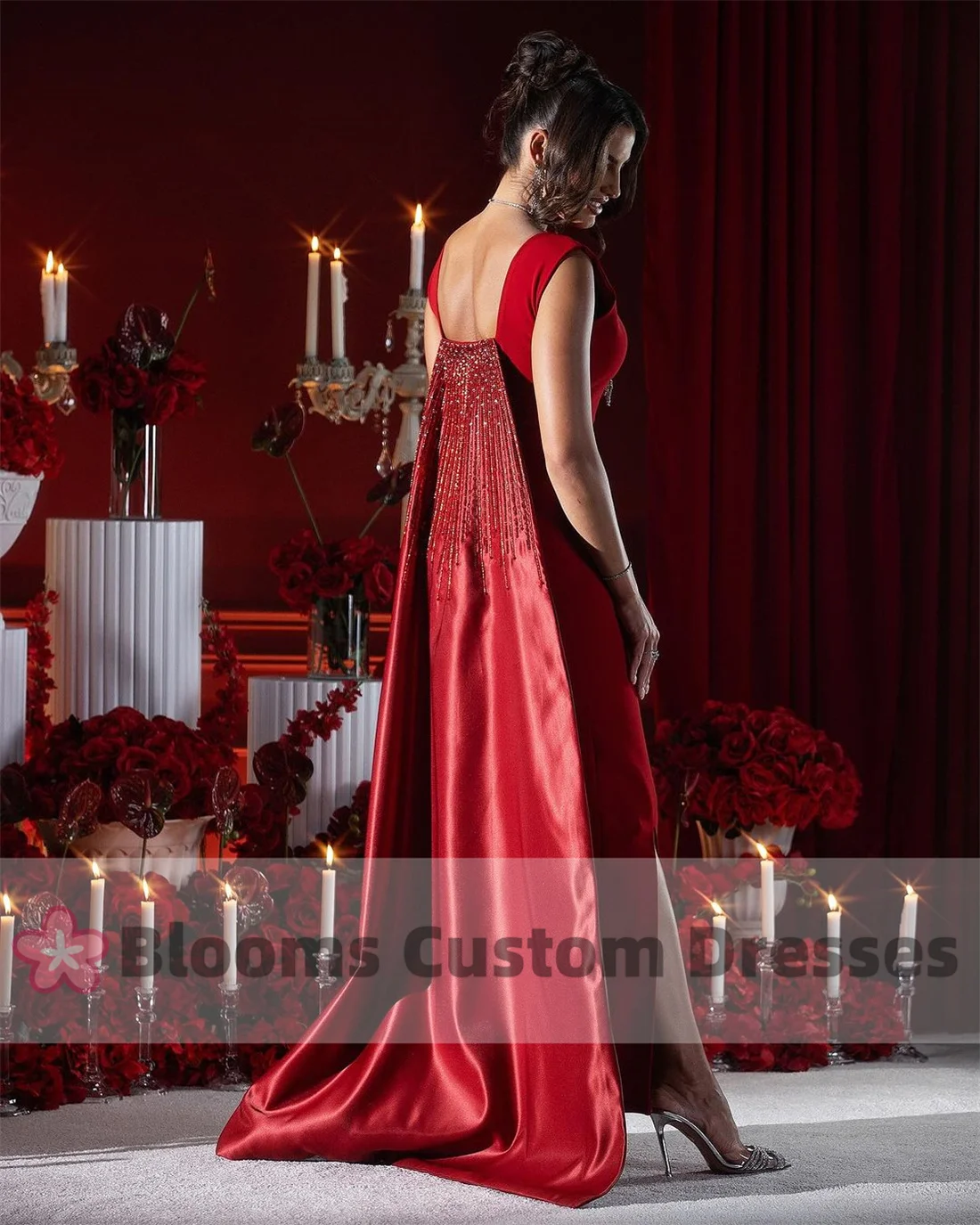 Blooms Red Crepe Prom Dress With Beaded Satin Train Backless Formal Occasion Gown Sleeveless Party Evening Dresses