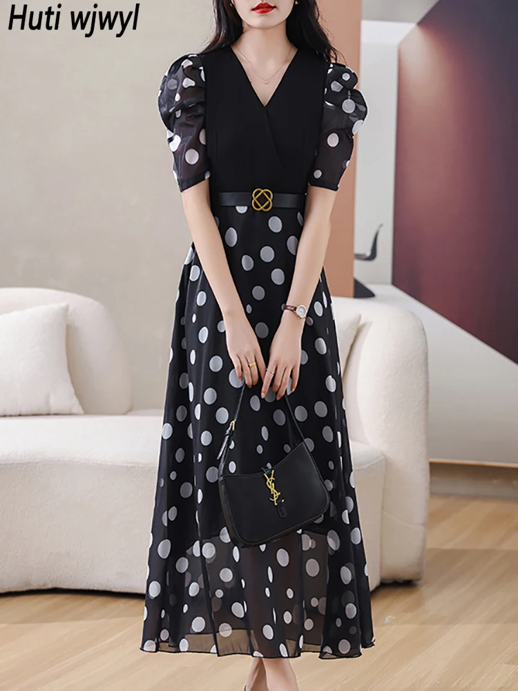 

Summer Black Pathwork Polka Dot Chiffon Dress 2024 Elegant Luxury International Vestidos Women Vintage Bodycon Party Long Dress