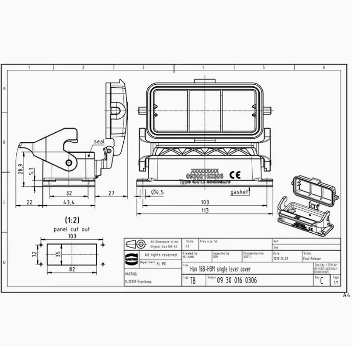 09300160306 HARTING HAN 16B-HBM-SL-C H16B LOWER SHELL