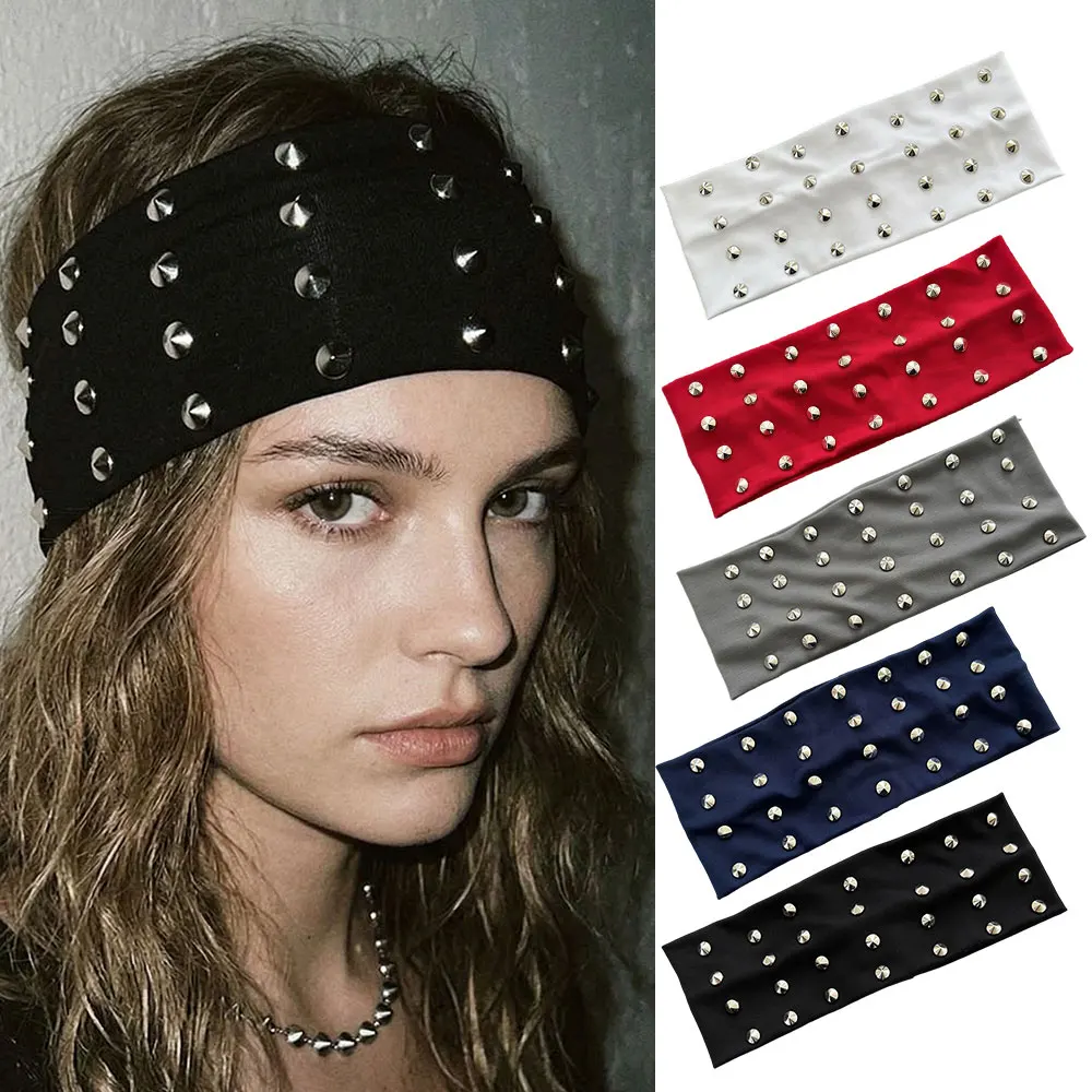 

1pc Punk Rivet Elastic Wide Headband Fashion Sports Stretchy Hairbands For Women Girl Sweat Absorbent Soft Hair Accessories