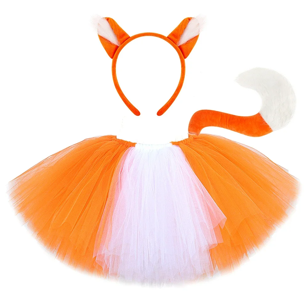 

Baby Girls White Orange Fox Tutu Skirt Outfit for Birthday Halloween Costumes Children Animal Fluffly Tutus with Ears Tail