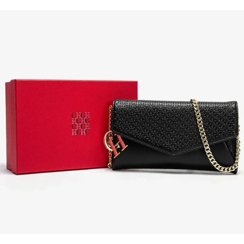 CH Fashion Women's Crossbody Bag Textured Leather Clutch Gold Chain Logo Detail Evening Party Purse Hot Sale