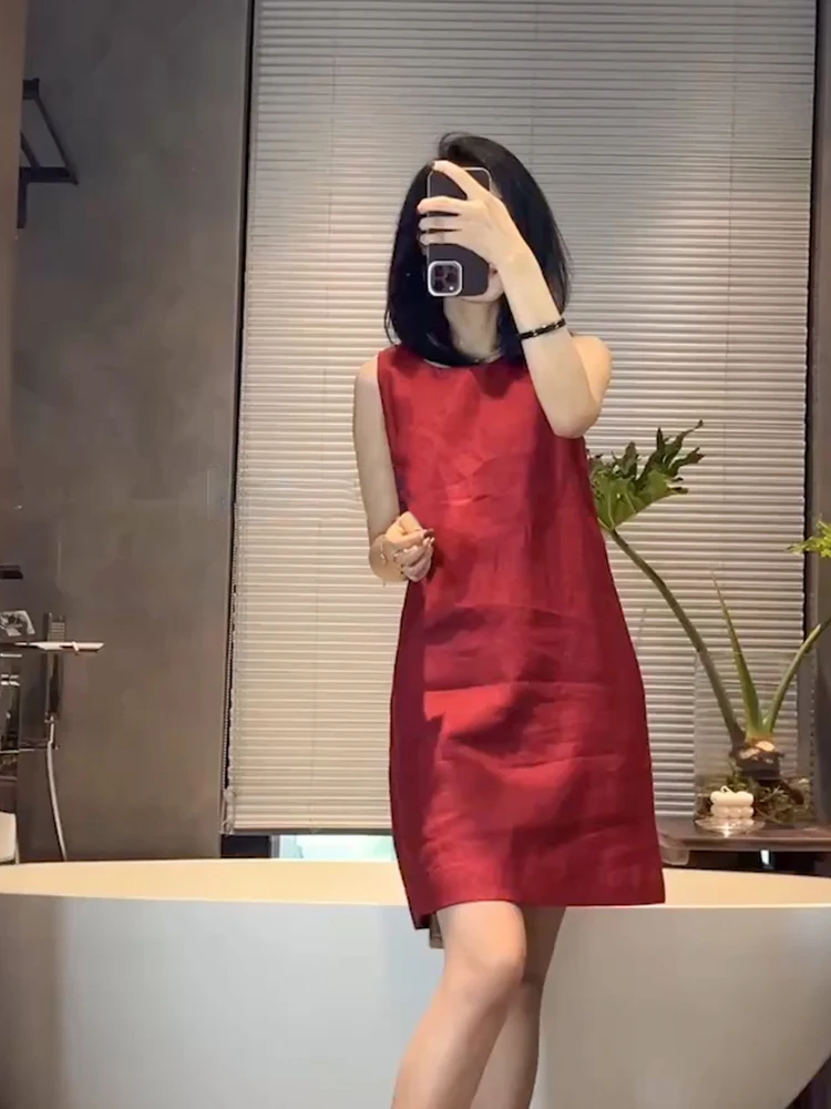 

Red Linen Sleeveless Dress Slimming High Waist A-Line Korean Style Commute Fashion plus Size Women's Dress Summer Dress