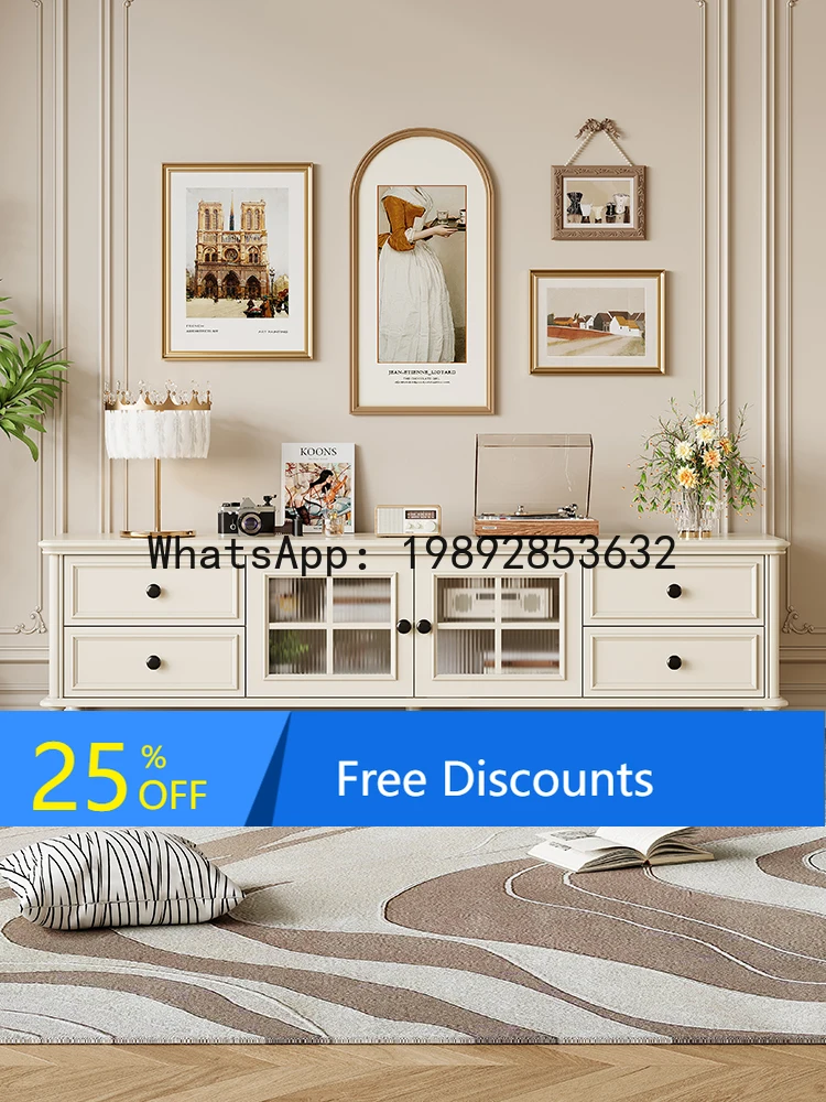 

YFY White Style Solid Wood TV Cabinet French Style Living Room Wall-Mounted Integrated Storage Cabinet Small Apartment Home Use