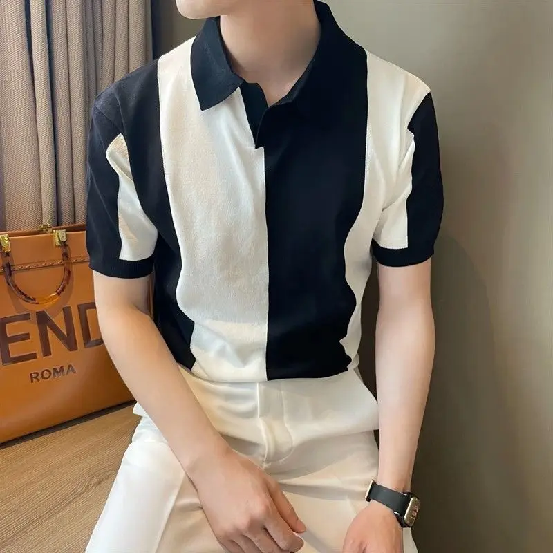 

Мужская черно-белая футболка-поло с асимметричным цветовым блоком, короткий рукав, облегающий крой, трикотажная, модная, для бизнеса и повседневной носки