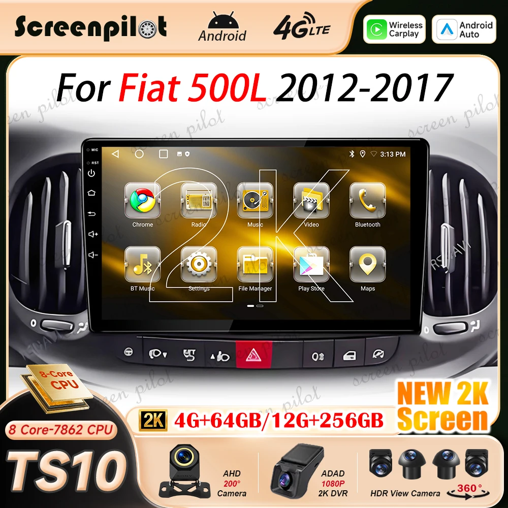 10 Inch Android 16 Car Radio Stereo For Fiat 500L 2012-2017 2K QLED Stereo Head Unit Multimidia Player GPS Carplay Android Auto