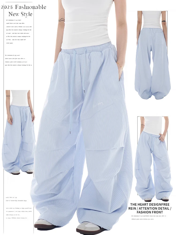 American Retro Folded Striped Paratrooper Work Pants Women Summer New Jazz Dance Pants Wide Leg Banana Knife Pants