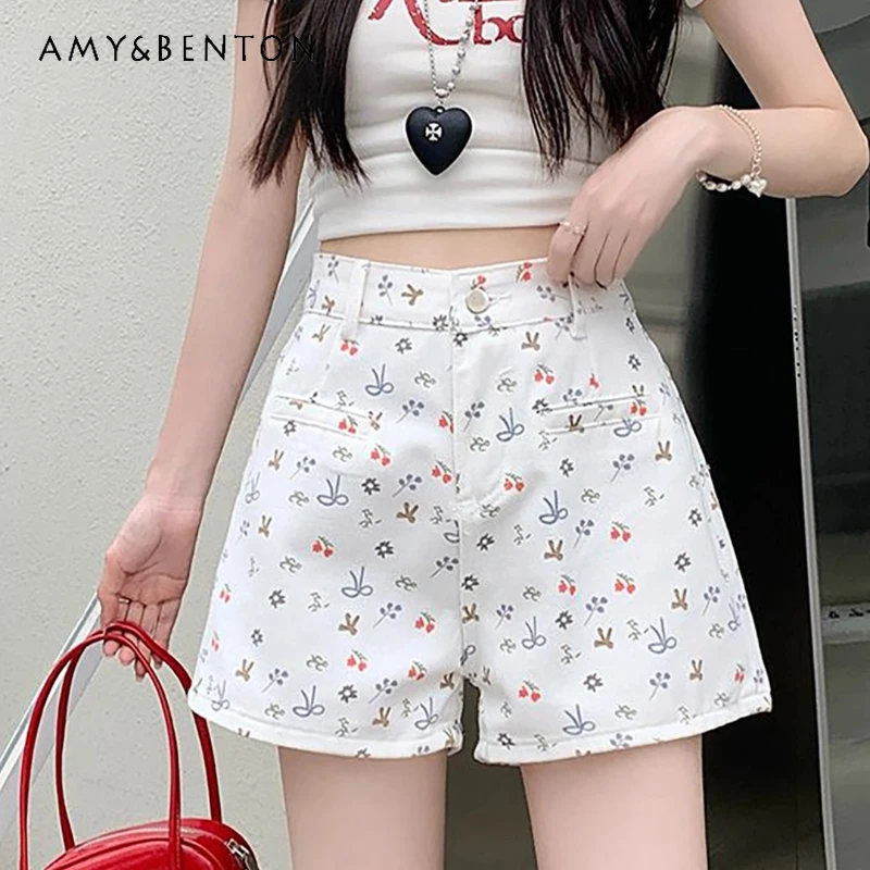 

Korean Retro White Floral Women's Jeans Original Design 2025 Autumn New Sweet Cool Cute Fashion A-line Shorts Ladies