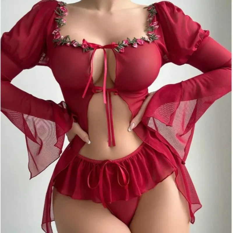 

Summer Women's Pajama Set Featuring Sheer Net Openwork Lace and Transparent Suitable for Wearing As Lingerie Women's Clothes
