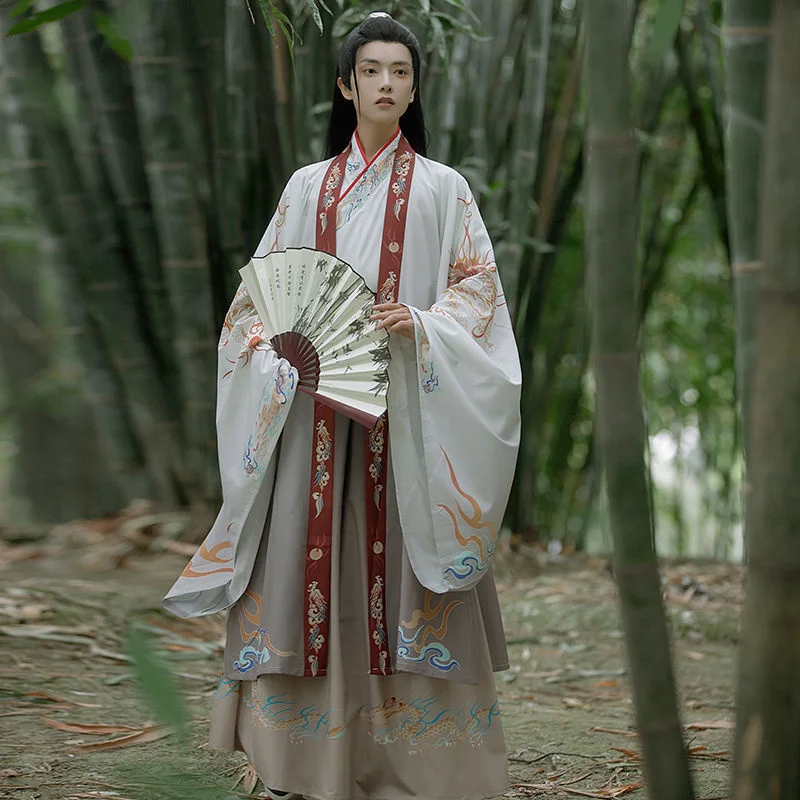 مجموعة مطبوع Hanfu للرجال ، كم كبير ، ياقة متقاطعة ، Hanfu ، أسلوب Wei Jin ، فارس الطلاب ، أداء المسرح ، النمط الصيني الجديد ، الربيع